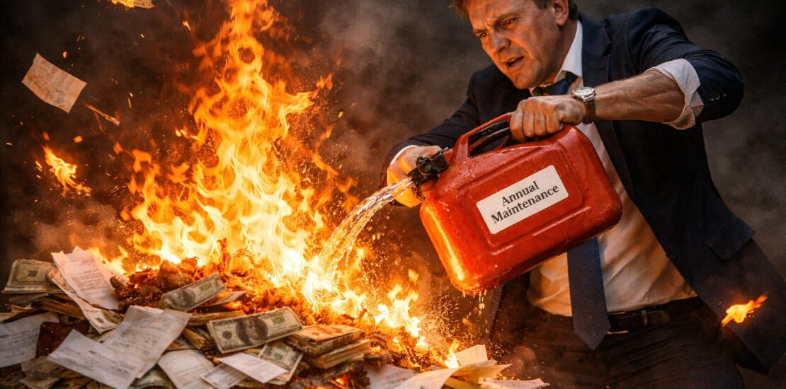 Iso implementation problem: Man pouring fuel on burning cash and documents