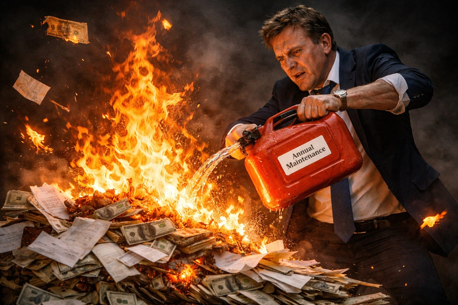 Iso implementation problem: Man pouring fuel on burning cash and documents