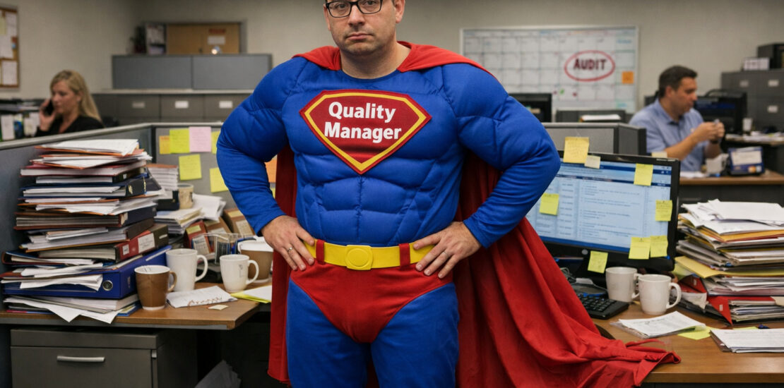 Iso implementation problem: Man in superhero costume labelled Quality Manager in office