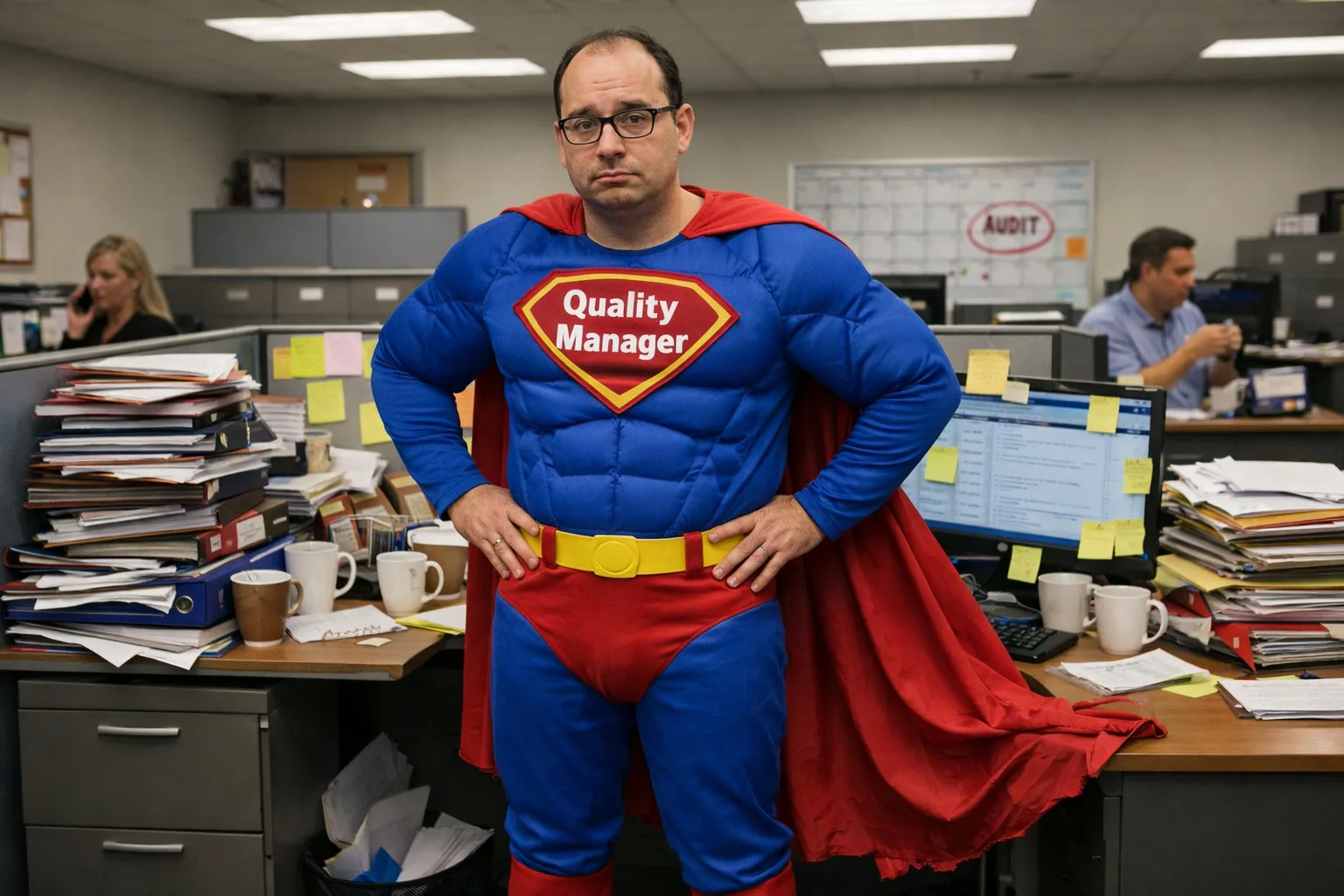 Iso implementation problem: Man in superhero costume labelled Quality Manager in office