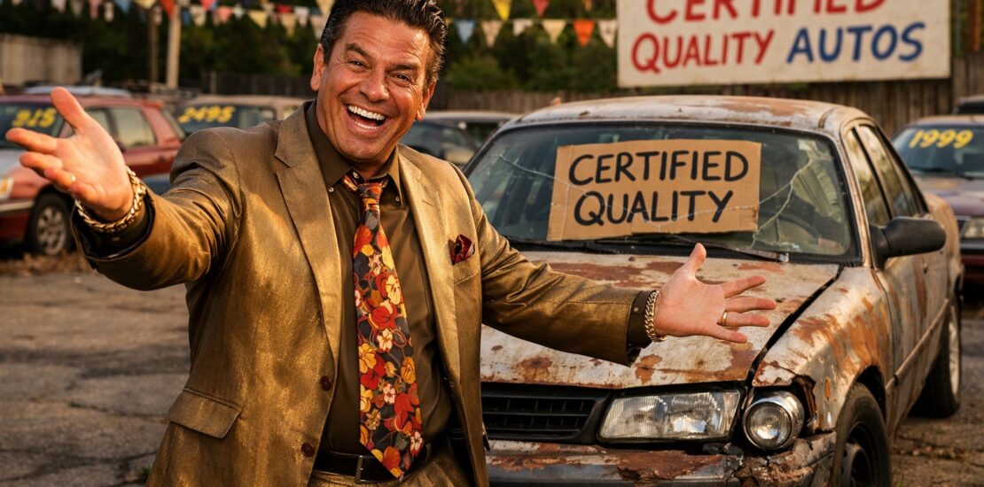 Iso implementation problem: Smiling salesman presenting rusty certified quality used car
