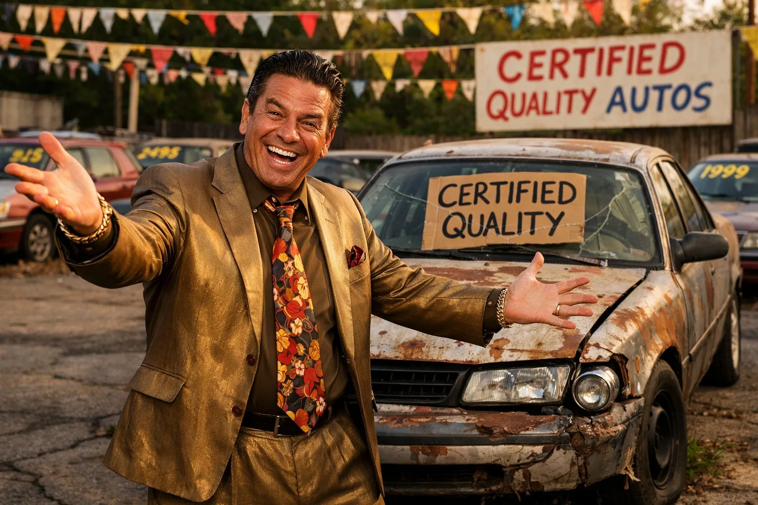 Iso implementation problem: Smiling salesman presenting rusty certified quality used car