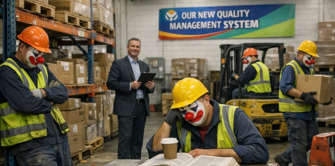 Iso implementation problem: Warehouse workers in clown makeup reviewing quality system