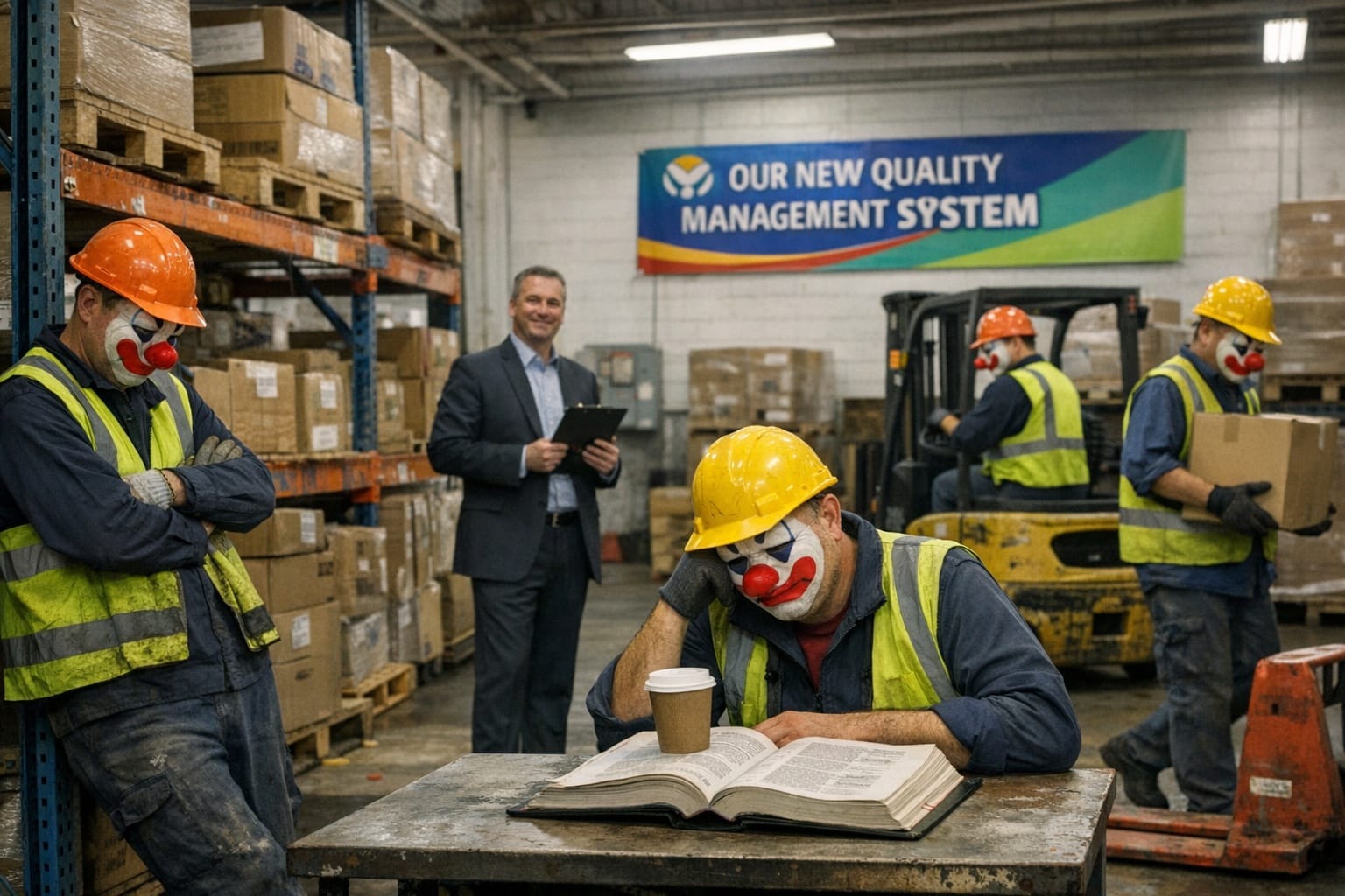 Iso implementation problem: Warehouse workers in clown makeup reviewing quality system